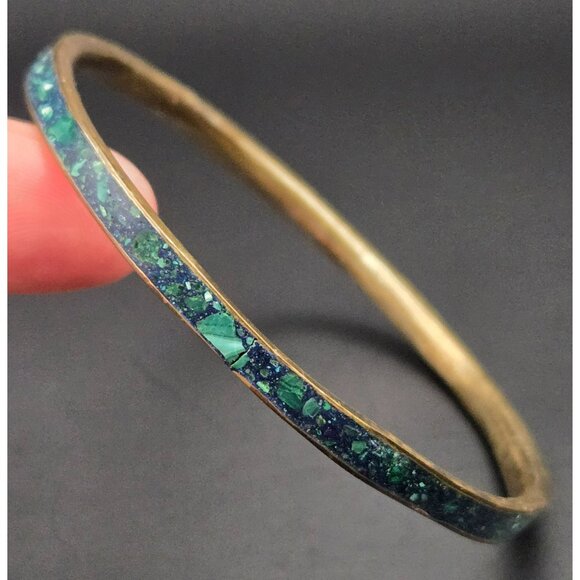 Vintage Brass and Composite Turquoise Bangle Bracelet - Picture 7 of 9